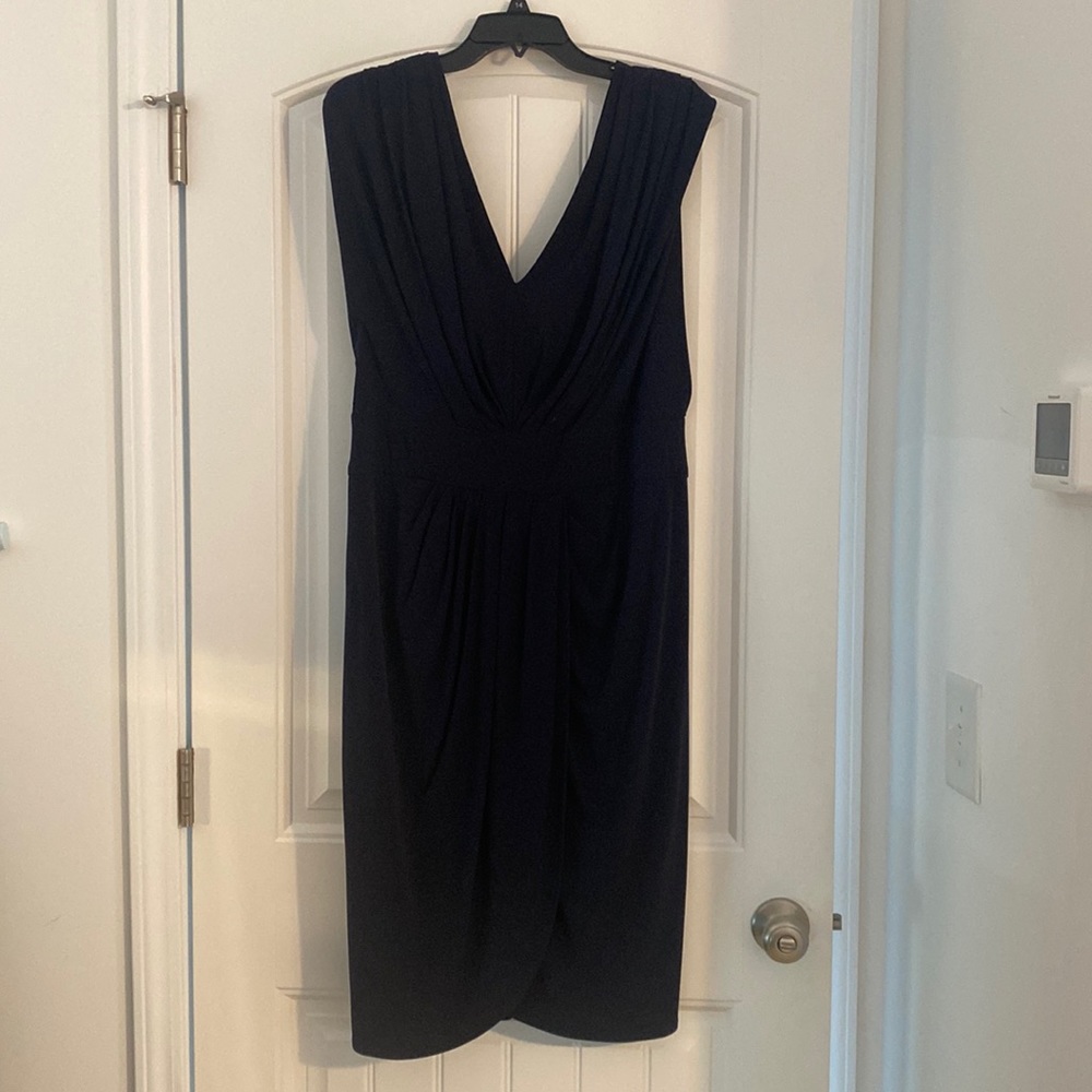Navy Blue, deep V-neck front and back cocktail dress.